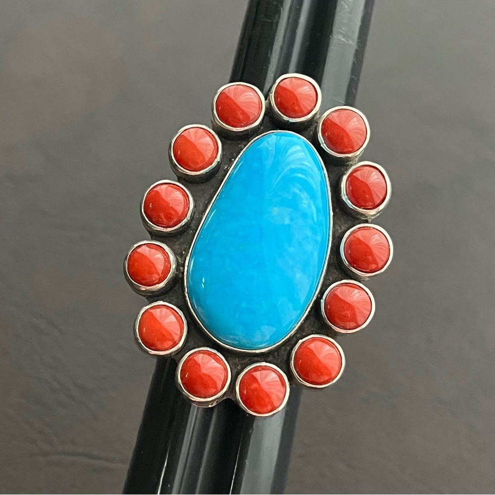 Vintage signed Navajo large Turquoise Coral and sterling silver ring - Picture 2 of 12